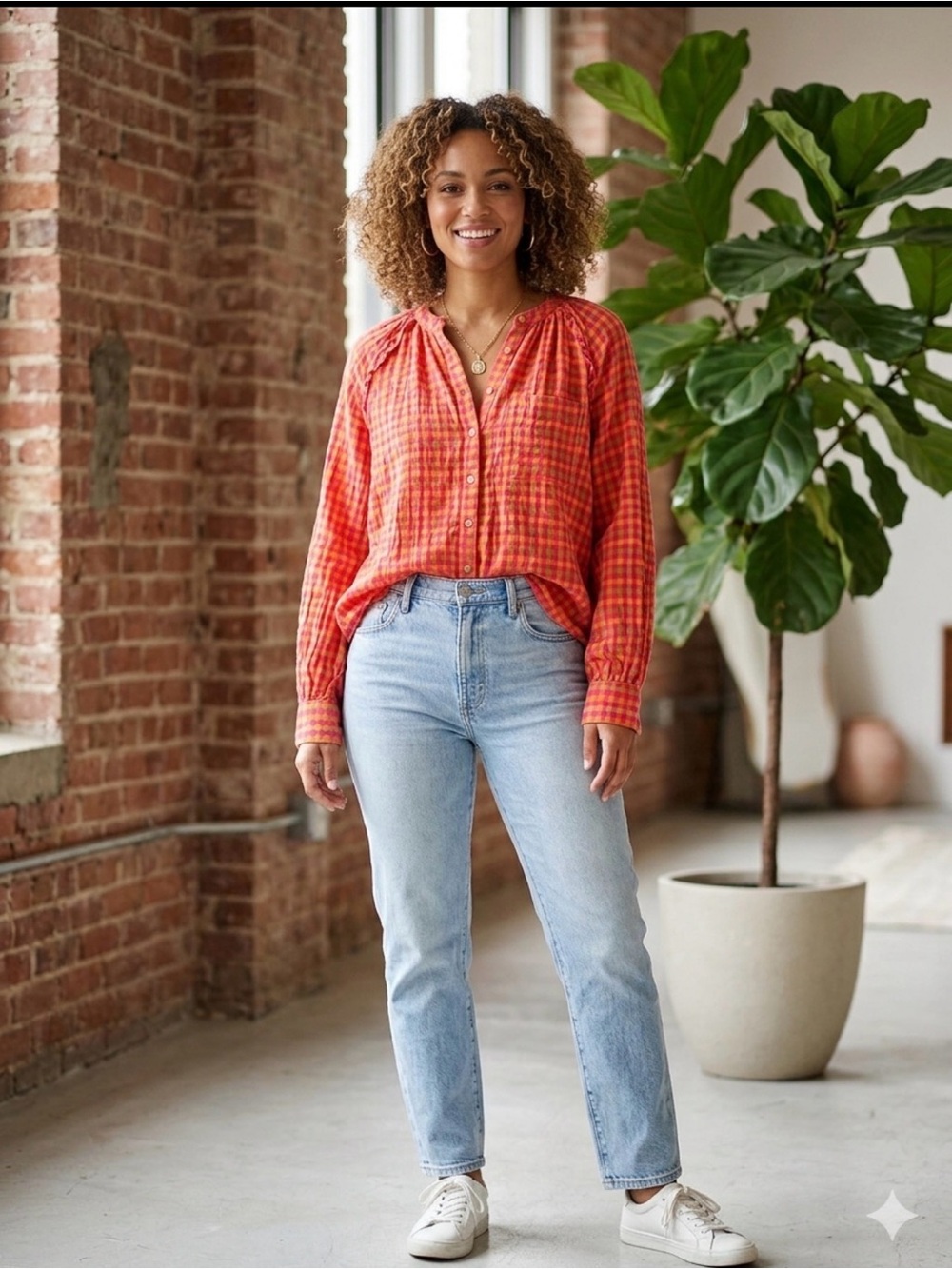 Anthropologie Pilcro Plaid Gingham Button Down Blouse Large